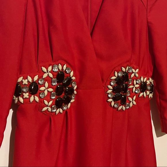 Red Embellished Deep V Neck Shift Dress by Karta - Picture 2 of 5